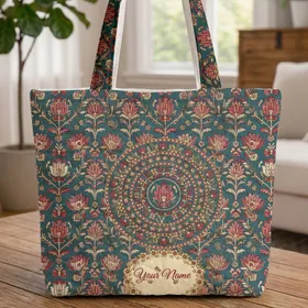 Indian Kalamkari Floral Medallion Botanical Wreath Leaves - Everyday Lifestyle Gift Quilted Tote Bag