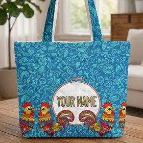 Roosters Botanical Vine Floral Cross Stitch Name - Everyday Use Gift Quilted Tote Bag