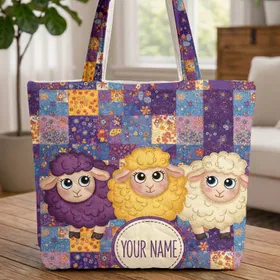 Fluffy Sheep Patchwork Floral Name - Children's Animal Gift Quilted Tote Bag