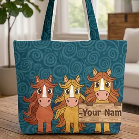 Three Children's Book Horse Faces Wooden Name Sign with Flowing Manes - Horse Lover Gift Quilted Tote Bag