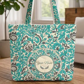 Ornate Floral Medallion Flowers Leaves Teal Cream Botanical - Everyday Use Accessory Quilted Tote Bag