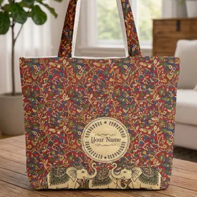 Indian Elephants Floral Wreath Boho Lifestyle Elephant Lover Gift Quilted Tote Bag