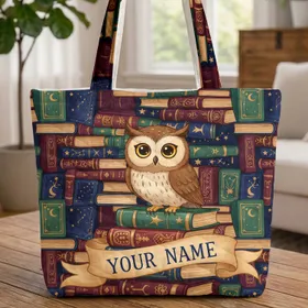Wise Owl Stacked Books Ornate Magical Covers - Bookworm Scholar Gift Quilted Tote Bag