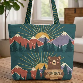 Bear Mountain Sunburst Rustic Sign - Personalized Nature Lover Gift Quilted Tote Bag