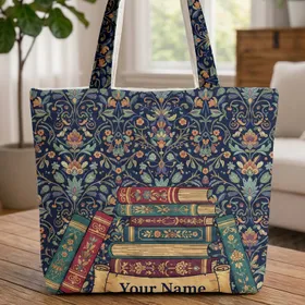 Ornate Antique Books Stack Botanical Floral Leaves Vines Berries - Book Lover Gift Quilted Tote Bag