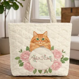 Orange Cat Large Blooming Rose Vine Personalized Name - Cat Mom Daily Gift Quilted Tote Bag