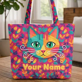 Emerald Eyes Geometric Shapes Cat Floral Wreath - Cat Lover Everyday Tote Quilted Tote Bag