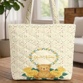 Bear Roses Leaves Vines Rosebuds Wreath Your Name - Baby Shower Gift for Bear Lover Quilted Tote Bag