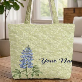 Lupine Flower Blue Blooms Green Leaves Botanical Vines - Nature Lover Travel Gift Quilted Tote Bag