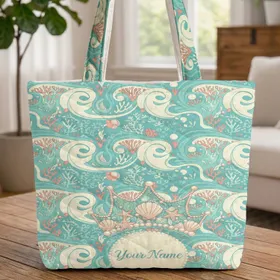 Ornate Mermaid Crown Seashells Starfish Pearls Your Name - Aquatic Lover Gift Quilted Tote Bag