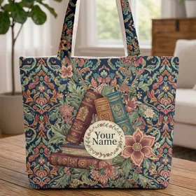 Vintage Books Botanical Floral Wreath Name Text - Book Lover Everyday Gift Quilted Tote Bag