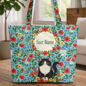Personalized Black White Cat Wildflower Garden - Everyday Tote for Cat Lover Quilted Tote Bag
