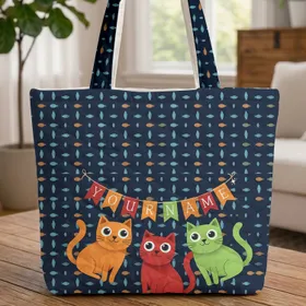 Orange Red Green Cats Scattered Small Fish Name Bunting - Cat Lover Everyday Tote Birthday Gift Quilted Tote Bag