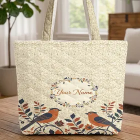 Elegant Birds Botanical Vines Delicate Foliage Floral Wreath - Bird Lover Home Gift Quilted Tote Bag