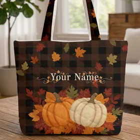 Rustic Plaid Richly Colored Personalized Name Pumpkins Autumn Leaves - Fall Season Gift Quilted Tote Bag