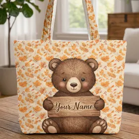 Adorable Bear Cub Your Name Wooden Sign - Autumn Leaves Berries Fall Home Decor Gift Quilted Tote Bag