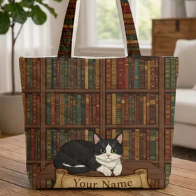 Personalized Black White Cat Bookshelf - Book Lover Home Decor Gift Quilted Tote Bag
