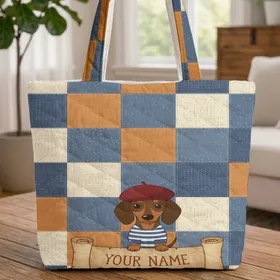 Personalized Dachshund Beret Striped Shirt - Everyday Tote Dog Lover Gift Quilted Tote Bag