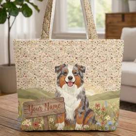 Australian Shepherd Wildflower Field Name Sign Hills - Dog Lover Everyday Tote Quilted Tote Bag