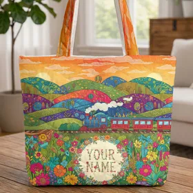 Blue Red Train Wildflower Sunset Name Wreath - Everyday Tote Travel Essentials Quilted Tote Bag