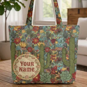 Saguaro Cacti Desert Wildflower Personalized Folk Art Southwestern Home Decor Gift Quilted Tote Bag