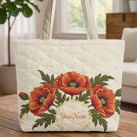 Three Botanical Poppy Flowers Personal Name Wreath - Personalized Everyday Gift Quilted Tote Bag
