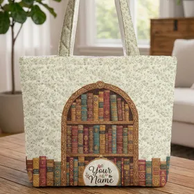 Arched Bookshelf Hoop - Book Lover Gift for Readers Quilted Tote Bag