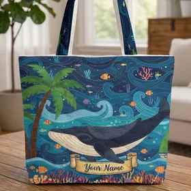 Humpback Whale Tropical Palm Trees Sailboat - Ocean Lover Gift Quilted Tote Bag