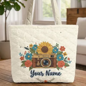 Vintage Camera Quilled Flowers Sunflower - Photography Lover Travel Accessory Quilted Tote Bag