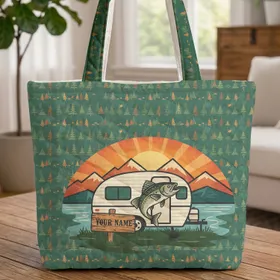 Jumping Fish Camper Trailer Pine Trees Mountain Sunset - Camping Trip Gift Quilted Tote Bag