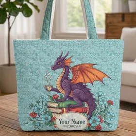 Fantasy Dragon Books Teacup Ornate Floral Vines - Everyday Tote for Book Lovers Quilted Tote Bag