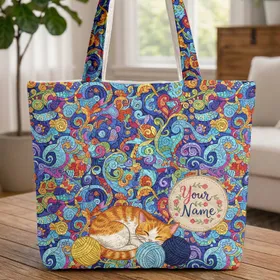 Sleeping Tabby Cat Yarn Name Floral Vines Swirls - Cat Lover Gift Quilted Tote Bag