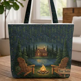 Adirondack Chairs Campfire Cabin Lake Scene Name Sign - Outdoors Home Decor Gift Quilted Tote Bag
