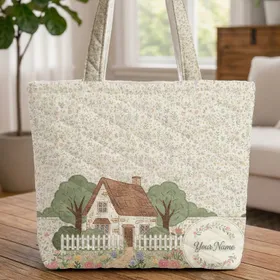 English Cottage Picket Fence Wildflower Garden Pathways - Home Decor Gift Quilted Tote Bag