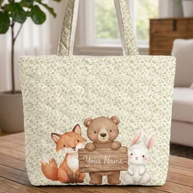 Woodland Bear Fox Bunny Autumn Leaves - Children's Book Gift for Child Quilted Tote Bag