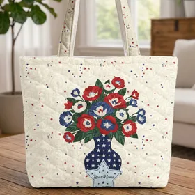 Red White Blue Floral Vase Swirling Vines Star Cartouche - Everyday Home Decor Gift Quilted Tote Bag
