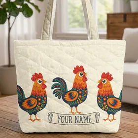 Folk Art Roosters Floral Leafy Scroll Wavy Swirls - Farmhouse Home Decor Everyday Tote Gift Quilted Tote Bag