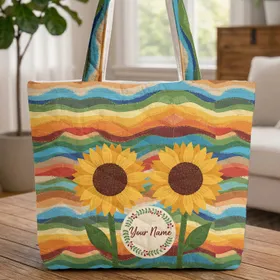 Sunflowers Wavy Landscape Floral Wreath - Summer Garden Gift Quilted Tote Bag