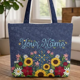 Ornate Dark Blue Cross Sunflowers Wildflowers - Faith Lifestyle Gift Quilted Tote Bag