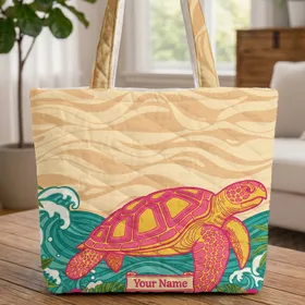 Sea Turtle Tropical Foliage Ocean Waves Your Name - Everyday Tote Wildlife Gift Quilted Tote Bag
