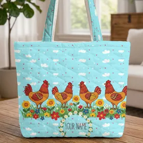 Colorful Chickens Flower Field Hearts - Farmhouse Decor Everyday Tote Chicken Lover Gift Quilted Tote Bag
