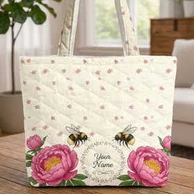 Plump Bumblebees Pink Peonies Green Leaves Floral Wreath - Garden Lover Everyday Gift Quilted Tote Bag
