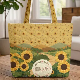 Sunflowers Rolling Hills Winding Path Personalized Wreath - Garden Lover Everyday Tote Gift Quilted Tote Bag