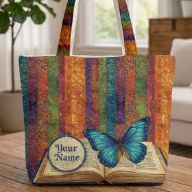 Blue Butterfly Antique Book Hoop Frame Personalized - Home Decor Gift Quilted Tote Bag