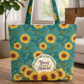 Sunflower Fields Greenery Bouquet Name Floral Wreath - Everyday Tote Quilted Tote Bag