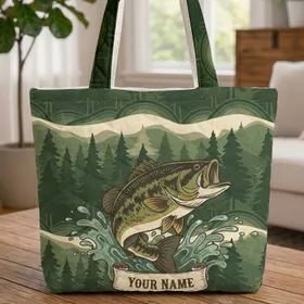 Leaping Bass Fish Water Splash Pine Forest Nature Landscape - Fisherman Outdoorsman Gift Quilted Tote Bag
