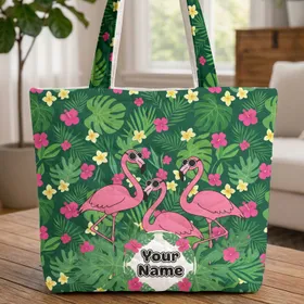 Flamingo Sunglasses Tropical Hibiscus Personalized - Everyday Tote for Flamingo Lover Quilted Tote Bag