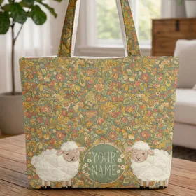 Fluffy Sheep Floral Name Hoop - Farmhouse Home Decor Gift for Sheep Lover Quilted Tote Bag