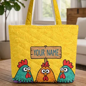 Chickens Large Eyes Red Combs Personalized Name Sign - Everyday Chicken Lover Gift Quilted Tote Bag