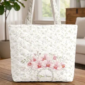 Orchid White Blossom Lavender Flower Wreath - Botanical Everyday Use Gift for Her Quilted Tote Bag